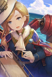 Rule 34 | 1girl, :d, ascot, azur lane, blue sky, bullet, capelet, cloud, cloudy sky, commentary request, day, gloves, hat, highres, holding, hood (azur lane), horizon, kibanda gohan, light brown hair, long hair, looking at viewer, machinery, ocean, open mouth, grey eyes, sky, smile, solo, turret, union jack, white gloves