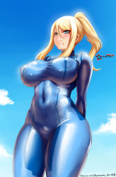 Rule 34 | &gt;:(, 1girl, absurdres, arms behind back, artist name, awesomeerix, blue bodysuit, blue eyes, blue sky, blush, bodysuit, breasts, closed mouth, covered erect nipples, covered navel, cowboy shot, day, eyelashes, from below, hair between eyes, highres, large breasts, long hair, looking down, metroid, mole, mole under eye, nintendo, outdoors, ponytail, samus aran, sidelocks, signature, sky, solo, v-shaped eyebrows, watermark, web address, zero suit