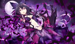 Rule 34 | 1girl, armor, black hair, bow, breasts, cleavage, commentary request, date a live, elbow gloves, gabiran, gloves, hair between eyes, hair bow, hair ornament, highres, holding, holding weapon, long hair, looking at viewer, magic, medium breasts, moon, navel, open mouth, purple eyes, purple hair, small breasts, solo, teeth, upper teeth only, weapon, yatogami tooka