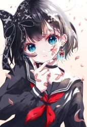 Rule 34 | 1girl, absurdres, black bow, black hair, black nails, black serafuku, bow, cherry blossoms, commentary, cross print, crossed bandaids, ear piercing, earrings, gradient background, hair bow, hair ornament, heart, heart earrings, highres, jewelry, kayon (touzoku), long sleeves, neckerchief, original, piercing, red neckerchief, school uniform, serafuku, short hair, solo, symbol-only commentary, symbol-shaped pupils, upper body, x-shaped pupils, x hair ornament, yellow background