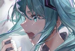 Rule 34 | 1girl, blue eyes, blue hair, hatsune miku, highres, karasuro, microphone, music, neck, open mouth, singing, sweat, twintails, upper body, vocaloid
