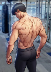 Rule 34 | 1boy, absurdres, ass, back, back focus, bare back, biceps, black hair, ceo and bodyguard, from behind, highres, indoors, male focus, muscular, muscular male, original, pants, punching bag, roborobocap, scar, scar on back, solo, sweat, topless male