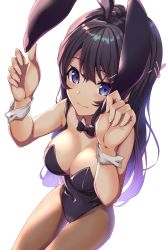 Rule 34 | 1girl, absurdres, animal ears, bare shoulders, black hair, blue eyes, bow, bowtie, breasts, brown pantyhose, cleavage, closed mouth, covered navel, detached collar, dutch angle, fake animal ears, foreshortening, hair ornament, hairband, hairclip, highres, kuen (kuennn12), leotard, looking at viewer, medium breasts, pantyhose, playboy bunny, rabbit ears, sakurajima mai, seishun buta yarou, simple background, smile, solo, white background, wrist cuffs