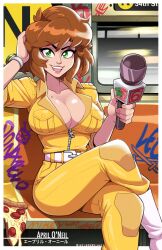 Rule 34 | 1girl, april o&#039;neil, arm behind head, arm up, belt, blush, boots, breasts, brown hair, cleavage, food, green eyes, highres, holding, holding microphone, knee boots, large breasts, microphone, mike luckas, mole, mole on breast, open mouth, pizza, pizza slice, short hair, sitting, smile, solo, teenage mutant ninja turtles, teeth, upper teeth only, watch, white belt, white footwear, wristwatch, zipper, zipper pull tab
