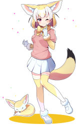 Rule 34 | 1girl, :3, animal ear fluff, animal ears, bad id, bad pixiv id, blonde hair, bow, bowtie, commentary request, elbow gloves, extra ears, fennec (kemono friends), fennec fox, finger to mouth, fox ears, fox girl, fox tail, full body, fur trim, gloves, highres, kemono friends, multicolored hair, one eye closed, pink sweater, pleated skirt, puffy short sleeves, puffy sleeves, short-sleeved sweater, short hair, short sleeves, simple background, skirt, solo, sparkle, standing, standing on one leg, sweater, tail, takom, thighhighs, white background, white footwear, white hair, white skirt, yellow bow, yellow bowtie, yellow gloves, yellow thighhighs, zettai ryouiki