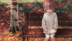 Rule 34 | 1girl, autumn leaves, bench, blue eyes, blurry, blurry background, book on lap, brown hair, cell (diox), haibara ai, hair between eyes, highres, looking down, meitantei conan, reading, ribbed sweater, short hair, sitting, solo, sunlight, sweater, white sweater