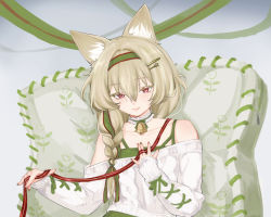 Rule 34 | 1girl, animal ear fluff, animal ears, arknights, bare shoulders, beanstalk (arknights), beanstalk (gift uncompleted) (arknights), bell, blush, braid, collar, collarbone, cturasl, green hairband, grey background, grey hair, hair between eyes, hairband, long hair, long sleeves, looking at viewer, neck bell, off-shoulder sweater, off shoulder, official alternate costume, red eyes, single braid, sleeves past wrists, smile, solo, sweater, upper body, white sweater