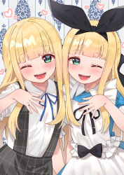 Rule 34 | 2girls, ;d, absurdres, apron, black bow, black ribbon, black skirt, blonde hair, blue dress, blue ribbon, blunt bangs, blush, bow, breasts, collared shirt, commentary request, dress, dual persona, frilled apron, frills, hair bow, hand on own chest, heart, highres, long hair, looking at viewer, mononobe alice, mononobe alice (1st costume), multiple girls, neck ribbon, nijisanji, one eye closed, open mouth, patterned background, plaid, plaid skirt, ribbon, shirt, short sleeves, sidelocks, skirt, small breasts, smile, suspender skirt, suspenders, teeth, tonarikeru, tongue, upper body, very long hair, virtual youtuber, white shirt