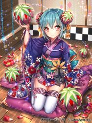 Rule 34 | 1girl, blue hair, closed mouth, hair between eyes, indoors, japanese clothes, kimono, long sleeves, looking at viewer, pink eyes, pink ribbon, purple kimono, ribbon, short hair, short kimono, sila (carpen), smile, solo, tenka touitsu chronicle, thighhighs, white thighhighs, wide sleeves, wooden floor, wrist ribbon, zettai ryouiki