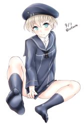 Rule 34 | 10s, 1girl, aqua eyes, black socks, blonde hair, clothes writing, dated, dress, dress tug, feet, highres, infinote, kantai collection, looking at viewer, no shoes, sailor dress, short hair, sitting, socks, solo, spread legs, twitter username, white background, z1 leberecht maass (kancolle)