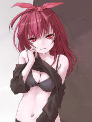 1girl alternate_costume bare_shoulders black_bra black_panties blush bow bra breasts cleavage closed_mouth clothes_lift collarbone hair_between_eyes hair_bow hair_ribbon head_tilt highres light_smile long_hair long_sleeves looking_at_viewer magia_record:_mahou_shoujo_madoka_magica_gaiden mahou_shoujo_madoka_magica marutaya medium_breasts navel off_shoulder panties red_eyes red_hair ribbon shirt shirt_lift simple_background smile solo stomach tokiwa_nanaka underwear upper_body