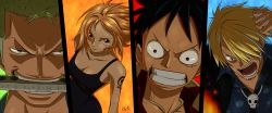 Rule 34 | 1girl, 3boys, black dress, blonde hair, blue eyes, bolo tie, column lineup, dress, facial hair, formal, green hair, hair over one eye, hat, highres, lily-fu, long image, monkey d. luffy, mouth hold, multiple boys, nami (one piece), one piece, one piece: strong world, open mouth, orange hair, polka dot, polka dot shirt, red shirt, roronoa zoro, sanji (one piece), scar, shirt, short hair, signature, skirt, stampede string, stubble, suit, sword, tattoo, weapon, wide image