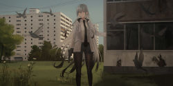 Rule 34 | 1girl, animal, bird, black gloves, black hair, black necktie, black shorts, blue sky, breasts, brown pantyhose, building, chihuri, collared shirt, commentary request, day, drawstring, feet out of frame, flying, gloves, gradient hair, grass, grey eyes, grey hair, gun, hair between eyes, handgun, highres, holding, holding gun, holding weapon, hood, hood down, hooded jacket, jacket, pantyhose under shorts, long hair, long sleeves, looking at viewer, mouth hold, multicolored hair, necktie, open clothes, open jacket, original, outdoors, pantyhose, pistol, shirt, short shorts, shorts, sky, small breasts, solo, standing, tree, very long hair, weapon, weapon request, white hair, white jacket, white shirt, zoya petrovna vecheslova