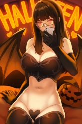 Rule 34 | 1girl, arm support, bed sheet, black-framed eyewear, black gloves, black hair, black thighhighs, blunt bangs, breasts, cellphone, cosplay, crop top, demon girl, demon wings, elbow gloves, glasses, gloves, halloween, hat, heart maebari, holding, holding phone, jagaimo (kkamja), long hair, maebari, navel, original, phone, pumpkin, red eyes, reina (jagaimo (kkamja)), revealing clothes, sidelocks, sitting, smartphone, stomach, thighhighs, thighs, wings, witch hat
