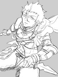Rule 34 | 1boy, abs, bad id, bad twitter id, cape, diarmuid ua duibhne (saber) (fate), dual wielding, fate/grand order, fate (series), gauntlets, grey background, greyscale, hair between eyes, highres, holding, diarmuid ua duibhne (lancer) (fate), male focus, midriff, mole, mole under eye, monochrome, parted lips, simple background, squatting, sword, toned, toned male, weapon