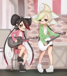 Rule 34 | + +, 2girls, bad id, bad twitter id, black footwear, black hair, black shorts, brown eyes, callie (splatoon), closed mouth, commentary request, cousins, earrings, foot up, gradient hair, green hair, green jacket, grey hair, guitar, half-closed eyes, highres, holding, holding instrument, inkling, instrument, jacket, jewelry, light frown, long hair, long sleeves, looking at viewer, marie (splatoon), mask, medium hair, mole, mole under eye, multicolored hair, multiple girls, music, nintendo, no headwear, no socks, open clothes, open jacket, partially unzipped, pink jacket, playing instrument, pointy ears, red hair, shirt, shoes, short shorts, shorts, sitting, smile, standing, stool, sukeo (nunswa08), swept bangs, tentacle hair, very long hair, white footwear, white shirt