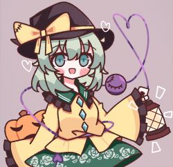 Rule 34 | 1girl, :d, absurdres, black hat, blush, blush stickers, bow, buttons, diamond button, floral print, frilled shirt collar, frilled sleeves, frills, green eyes, green hair, green skirt, hat, hat bow, heart, heart of string, highres, holding, holding lantern, jack-o&#039;-lantern, komeiji koishi, lantern, light green hair, long sleeves, looking at viewer, medium hair, open mouth, pumpkin, rose print, shirt, simple background, skirt, sleeves past wrists, smile, solo, standing, third eye, touhou, waroemon, witch hat, yellow bow, yellow shirt