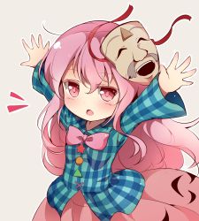 Rule 34 | 1girl, arms up, baku-p, blush, bow, bowtie, grey background, hata no kokoro, highres, long hair, long sleeves, looking at viewer, mask, mask on head, open mouth, outstretched arms, pink bow, pink bowtie, pink eyes, pink hair, pink skirt, plaid, plaid shirt, shirt, skirt, solo, star (symbol), touhou, upper body, very long hair