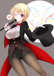 Rule 34 | 10s, 1girl, alternate costume, black pantyhose, blonde hair, blue eyes, braid, breasts, coattails, darjeeling (girls und panzer), girls und panzer, hat, jacket, large breasts, leotard, looking at viewer, magician, one eye closed, pantyhose, smile, solo, sotogawa max, tailcoat, top hat, underbust, wand