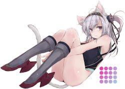 Rule 34 | 1girl, animal ears, black footwear, black one-piece swimsuit, boots, breasts, brown eyes, cat ears, cat tail, competition swimsuit, grey footwear, headband, kantai collection, knee boots, hugging own legs, long hair, looking at viewer, one-piece swimsuit, one side up, rudder footwear, silver hair, simple background, small breasts, solo, suzutsuki (kancolle), swimsuit, tail, white background, yumesato makura