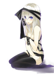 Rule 34 | 1girl, bare shoulders, black thighhighs, blue eyes, blush, covering privates, embarrassed, hair ribbon, kauto, long hair, looking at viewer, navel, original, pale skin, ribbon, simple background, sitting, solo, tears, thighhighs, underwear, wariza, white background, white hair, zinnia silane