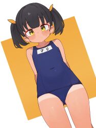 Rule 34 | 1girl, absurdres, arms behind back, black hair, blue one-piece swimsuit, blush, closed mouth, covered navel, flat chest, highres, lk149, looking at viewer, one-piece swimsuit, orange background, original, school swimsuit, short hair, solo, swimsuit, tan, tanline, twintails, two-tone background, white background, yellow eyes