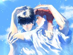 Rule 34 | 2boys, bishounen, black eyes, black hair, blue sky, closed mouth, cloud, couple, eye contact, hand on another&#039;s arm, hands up, highres, looking at another, male focus, multiple boys, owenduil, red hair, rukawa kaede, sakuragi hanamichi, shirt, short hair, sky, slam dunk (series), toned, toned male, upper body, white shirt, yaoi