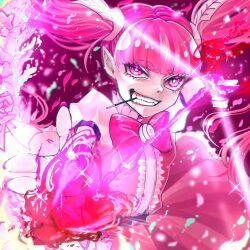 Rule 34 | 1girl, arrow (projectile), barbatos bachiko, blunt bangs, bow, bow (weapon), dress, frilled dress, frills, highres, looking at viewer, magic, mairimashita! iruma-kun, mouth hold, pink bow, pink dress, pink eyes, pink hair, pointy ears, red background, solo, syun (ginmone), teeth, twintails, weapon