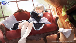 Rule 34 | 1girl, apron, azur lane, black dress, blonde hair, blush, braid, breasts, chain, collar, couch, curtains, dress, dutch angle, eyes visible through hair, french braid, hair over one eye, half-closed eye, highres, juliet sleeves, laundry basket, leaning to the side, light rays, long hair, long sleeves, looking at viewer, maid, maid headdress, medium breasts, metal collar, nima (niru54), no shoes, official art, on couch, one eye closed, parted lips, puffy sleeves, sheffield (azur lane), sunbeam, sunlight, thighhighs, towel, waking up, white apron, white thighhighs, white towel, window, yellow eyes
