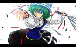 Rule 34 | 1girl, blue eyes, female focus, green hair, hand fan, harisen, hat, hat ribbon, highres, letterboxed, long sleeves, nekominase, outstretched arms, ribbon, shiki eiki, shirt, skirt, solo, touhou, vest