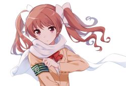 Rule 34 | 1girl, adjusting clothes, armband, blazer, bow, bowtie, brown eyes, brown hair, brown jacket, closed mouth, commentary request, emblem, green armband, hair bow, jacket, long hair, long sleeves, looking at viewer, nemu mohu, red bow, red bowtie, scarf, school uniform, shirai kuroko, shirt, solo, toaru kagaku no railgun, toaru majutsu no index, toaru majutsu no index: new testament, tokiwadai school uniform, twintails, upper body, white background, white bow, white scarf, white shirt, winter clothes, winter uniform
