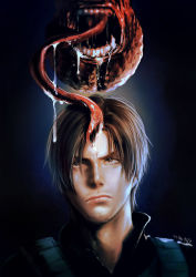 Rule 34 | 1boy, beard, blue background, brain, brown eyes, brown hair, drooling, facial hair, fangs, frown, highres, katou teppei, leon s. kennedy, licker (resident evil), lips, long tongue, looking up, monster, no eyes, realistic, resident evil, resident evil 6, saliva, short hair, tongue, tongue out, undead, upper body, zombie
