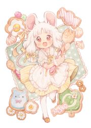 Rule 34 | 1girl, :d, animal ears, apron, blunt bangs, blush, brown eyes, brown footwear, collared shirt, commentary request, cookie, food, frilled apron, frills, full body, hair ribbon, holding, holding food, long hair, looking at viewer, mokarooru, mouse ears, mouse tail, neck ribbon, open mouth, original, oven mitts, painting (medium), pantyhose, ribbon, shirt, short sleeves, skirt, smile, solo, standing, standing on one leg, striped clothes, striped skirt, tail, tail ornament, tail ribbon, traditional media, vertical-striped clothes, vertical-striped skirt, watercolor (medium), white apron, white hair, white pantyhose, white shirt, yellow ribbon, yellow skirt