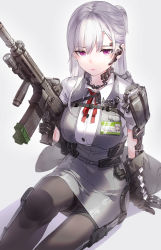 Rule 34 | 1girl, assault rifle, black gloves, black pantyhose, breasts, closed mouth, collared shirt, commentary request, dress, gloves, grey dress, gun, highres, holding, holding gun, holding weapon, id card, kfr, large breasts, long hair, looking at viewer, neck ribbon, original, pantyhose, purple eyes, red ribbon, ribbon, rifle, shirt, short sleeves, silver hair, sitting, solo focus, weapon, white shirt