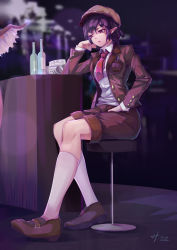 Rule 34 | 1girl, absurdres, bad id, bad pixiv id, bar (place), bar stool, bird wings, blouse, blurry, bottle, brown footwear, clenched hand, counter, depth of field, elbow rest, flat cap, forbidden scrollery, h.an (516635864), hair between eyes, hand on lap, hat, head rest, highres, indoors, jacket, kneehighs, long sleeves, looking down, looking to the side, mystia lorelei, necktie, newspaper, open clothes, open jacket, out of frame, parted lips, pen, pointy ears, purple hair, red eyes, red neckwear, shadow, shameimaru aya, shameimaru aya (newsboy), shirt, short hair, shorts, signature, sitting, socks, solo focus, stool, touhou, white shirt, white socks, wings