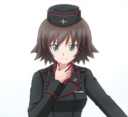 Rule 34 | 10s, 1girl, black hat, black jacket, blue eyes, brown hair, closed mouth, commentary request, dress shirt, frown, garrison cap, girls und panzer, hand on own neck, hat, jacket, kuromorimine military uniform, long sleeves, looking at viewer, mauko (girls und panzer), military, military hat, military uniform, omachi (slabco), portrait, red shirt, shirt, short hair, simple background, solo, throat microphone, uniform, white background