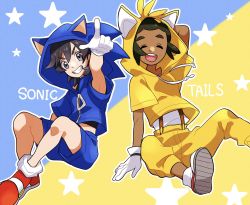 Rule 34 | 2boys, :d, aria pkmn, black hair, black shirt, blue jacket, blue shorts, character name, closed eyes, commentary request, cosplay, creatures (company), dark-skinned male, dark skin, elio (pokemon), game freak, gloves, grn, hau (pokemon), highres, hood, hood up, hooded jacket, jacket, leg warmers, looking at viewer, male focus, multiple boys, nintendo, open mouth, outline, pants, pointing, pokemon, pokemon sm, red footwear, shirt, shoes, short hair, short sleeves, shorts, smile, sneakers, sonic (series), sonic the hedgehog, sonic the hedgehog (cosplay), star (symbol), suspenders, tails (sonic), tails (sonic) (cosplay), teeth, tongue, two-tone background, upper teeth only, white footwear, white gloves, white legwear, white shirt, yellow jacket, yellow pants