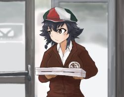 Rule 34 | 10s, 1girl, black hair, braid, brown eyes, brown jacket, cabbie hat, collared shirt, commentary, door, employee uniform, flag print, food, girls und panzer, hair tie, hat, highres, italian flag, jacket, looking to the side, miraruto (h3yja), name connection, pepperoni (girls und panzer), pizza, pizza box, shirt, short hair, side braid, solo, uniform, white shirt