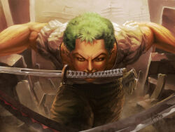 Rule 34 | 1boy, ceasar ian muyuela, commentary, english commentary, green hair, highres, holding, holding sword, holding weapon, katana, male focus, mouth hold, one piece, realistic, roronoa zoro, scar, scar across eye, scar on face, shirt, short hair, short sleeves, signature, solo, sword, weapon, white shirt