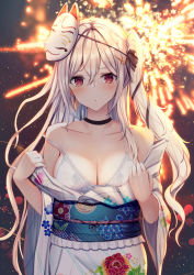 Rule 34 | 1girl, blush, bra, breasts, choker, cleavage, clothes pull, collarbone, fireworks, floral print, hair ornament, highres, japanese clothes, kimono, large breasts, liya, long hair, looking at viewer, mask, mask on head, obi, original, parted lips, red eyes, sash, side ponytail, solo, underwear, yukata