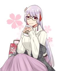 Rule 34 | 1girl, assault lily, bag, bespectacled, black-framed eyewear, braid, breasts, closed mouth, commentary request, cup, disposable cup, feet out of frame, floral background, flower, funada ui, glasses, grey hair, hair ribbon, hands up, holding, holding cup, knees up, large breasts, long hair, long sleeves, looking at viewer, mole, mole under mouth, nigari (ngari 0115), pink flower, purple eyes, purple skirt, red ribbon, ribbon, shawl, shopping bag, side braid, single braid, sitting, skirt, sleeves past wrists, smile, solo, sweater, turtleneck, turtleneck sweater, very long hair, white background, white ribbon, white sweater