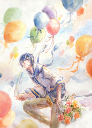 Rule 34 | 1boy, absurdres, anniversary, azusa415, balloon, blue eyes, blue hair, blue scarf, bouquet, brown pants, character name, coat, commentary, flower, grin, headset, highres, holding, holding balloon, holding bouquet, kaito (vocaloid), male focus, orange flower, orange rose, painting (medium), pants, red flower, red rose, rose, scarf, smile, solo, traditional media, vocaloid, watercolor (medium), white coat, yellow flower, yellow rose