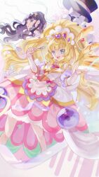 Rule 34 | 1girl, apron, black hair, blonde hair, blue eyes, braid, bridal gauntlets, cure finale, delicious party precure, dress, fork, gentlu (precure), hat, high ponytail, highres, holding, holding fork, kasai amane, long hair, magical girl, miyui, open mouth, precure, sidelocks, smile, sparkle hair ornament, tiara, top hat, twin braids, white hair, wide ponytail
