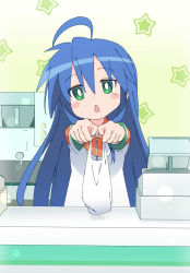 Rule 34 | 1girl, ahoge, bag, blue hair, blush stickers, bright pupils, cash register, chestnut mouth, coffee maker, convenience store, counter, foreshortening, gradient background, green background, green eyes, green shirt, hair between eyes, holding, holding bag, indoors, ixy, izumi konata, jitome, long hair, looking at viewer, lucky star, mole, mole under eye, multicolored shirt, open mouth, orange shirt, outstretched arms, plastic bag, shirt, shop, sidelocks, solo, star (symbol), uniform, upper body, very long hair, white background, white pupils, white shirt