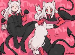 Rule 34 | 3girls, :3, all fours, animal, animal ears, arm garter, black footwear, black gloves, black necktie, black suit, black tail, black vest, boots, bowl, cerberus (helltaker), commentary request, crawling, demon girl, demon tail, dog, dog ears, dog girl, closed eyes, food, food on face, gloves, helltaker, highres, licking lips, long hair, looking at viewer, lying, multiple girls, necktie, noah (tettsui-sole), on back, paw pose, pet bowl, red eyes, red shirt, shirt, suit, tail, thigh boots, thighhighs, tongue, tongue out, triplets, twitter username, vest, waistcoat, white hair