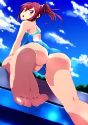 Rule 34 | 10s, 1girl, ass, barefoot, blush, cameltoe, competition swimsuit, feet, free!, from behind, from below, highres, kaburaya seiden, looking back, matsuoka gou, one-piece swimsuit, open mouth, partially visible vulva, ponytail, red eyes, red hair, short hair, soles, solo, swimsuit, toes, wardrobe malfunction, wedgie