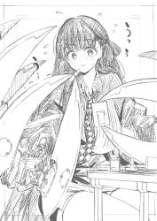 Rule 34 | absurdres, breasts, claws, fate/extra, fate/extra ccc, fate/grand order, fate (series), graphite (medium), greyscale, hair ribbon, highres, huge breasts, kojima takeshi, lipstick, long hair, makeup, mirror, monochrome, necktie, oversized limbs, passionlip (fate), ribbon, shirt, striped clothes, striped shirt, table, traditional media