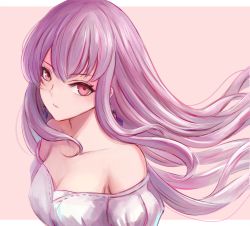 Rule 34 | 1girl, bare shoulders, blush, breasts, cleavage, closed mouth, collarbone, commentary, earrings, fire emblem, fire emblem: three houses, jewelry, leonmandala, long hair, looking at viewer, lysithea von ordelia, medium breasts, nintendo, off shoulder, pink background, pink eyes, pink hair, simple background, solo