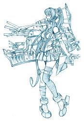 Rule 34 | 10s, 1girl, bbb (friskuser), blue theme, hair ornament, kantai collection, long hair, machinery, md5 mismatch, monochrome, pointing, ponytail, simple background, single thighhigh, solo, thighhighs, turret, umbrella, very long hair, white background, yamato (kancolle)