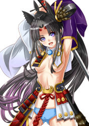 Rule 34 | 1girl, armor, armpits, asymmetrical sleeves, black hair, blue panties, blush, breasts, breasts apart, cameltoe, detached collar, detached sleeves, fate/grand order, fate (series), faulds, feather hair ornament, feathers, gougasha, gradient hair, hair ornament, hair ribbon, hat, highres, holding, holding sword, holding weapon, japanese armor, katana, kusazuri, long hair, mismatched sleeves, multicolored hair, no bra, panties, pom pom (clothes), ponytail, purple eyes, purple hair, revealing clothes, ribbon, rider (fate/grand order), smile, solo, sword, tokin hat, underboob, underwear, ushiwakamaru (fate), very long hair, weapon